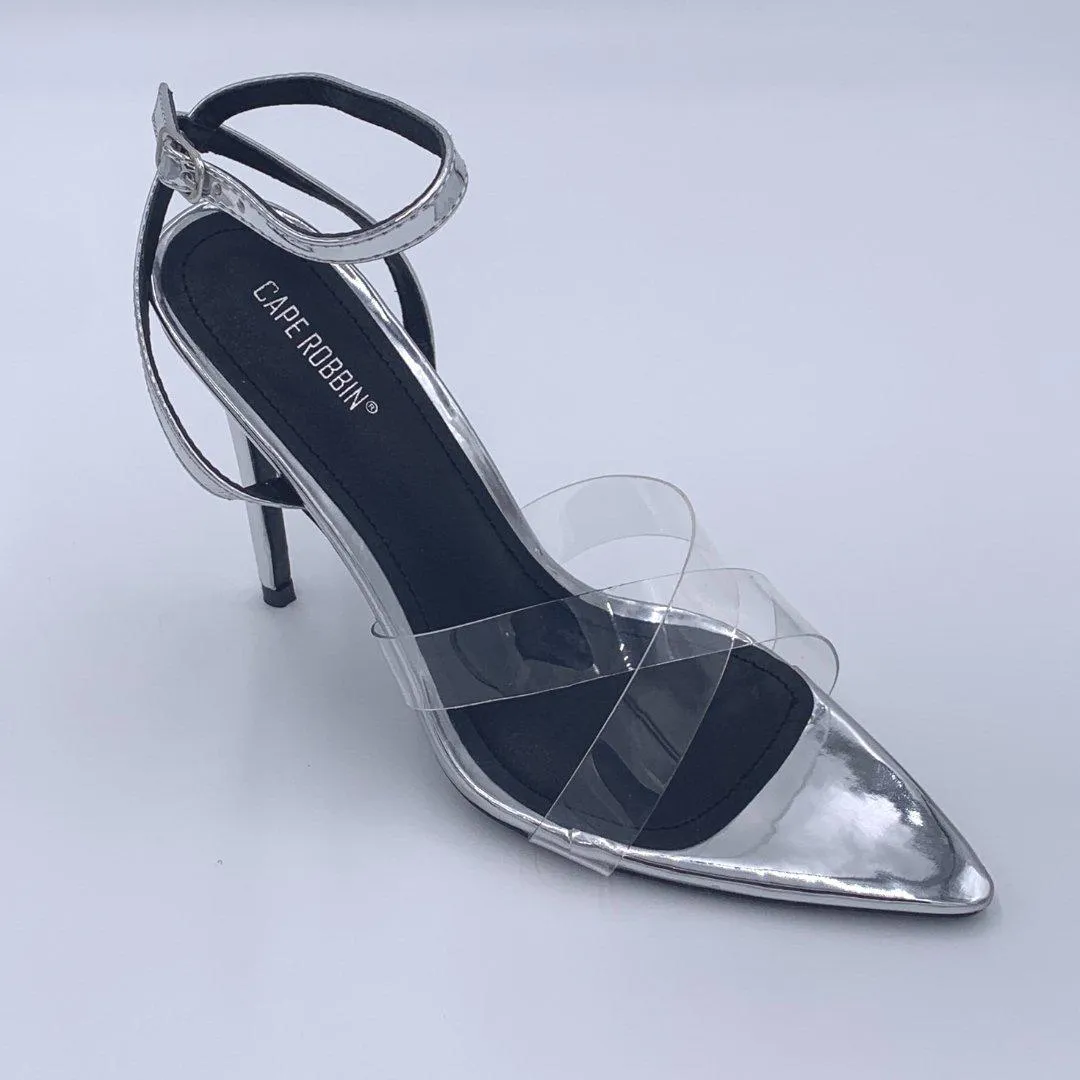Clear Silver PVC Strappy Heeled Double Cross Sandals