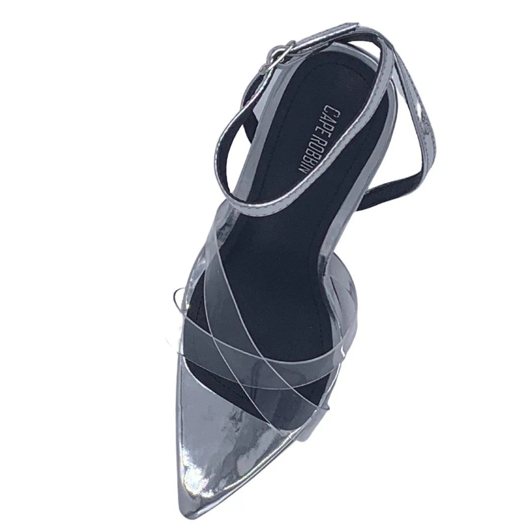 Clear Silver PVC Strappy Heeled Double Cross Sandals