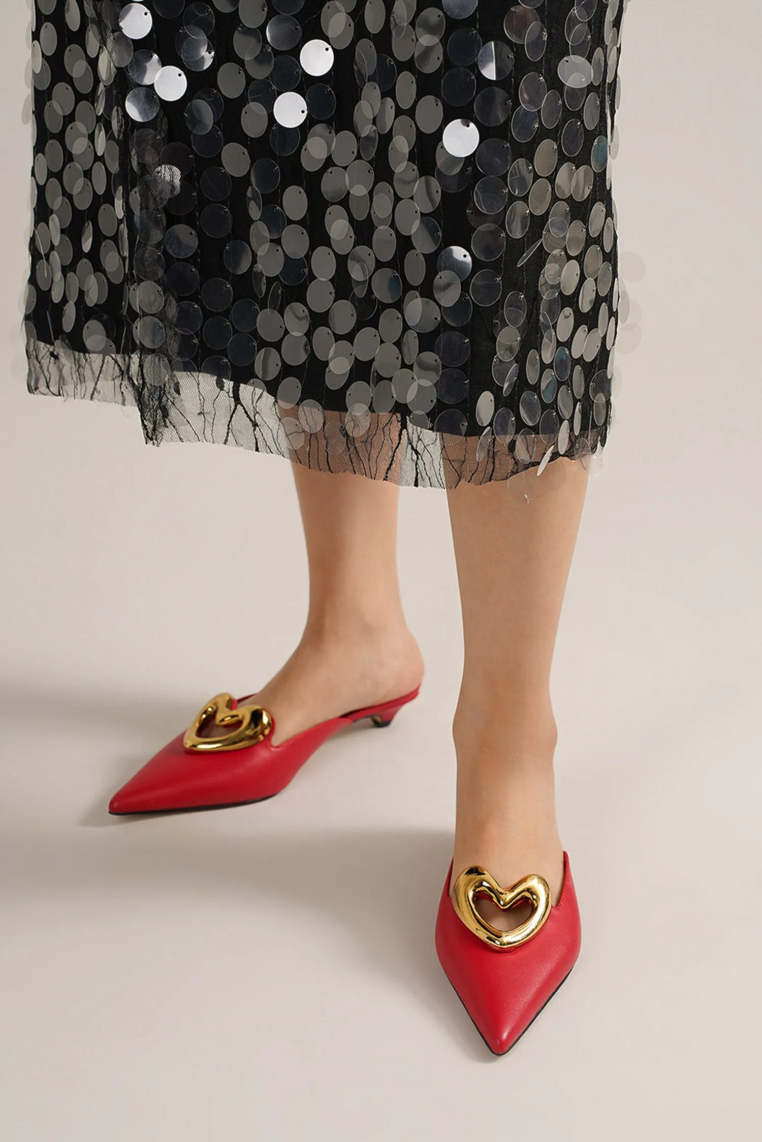DELIA-01 Heart-Accent Kitten Heel Mules