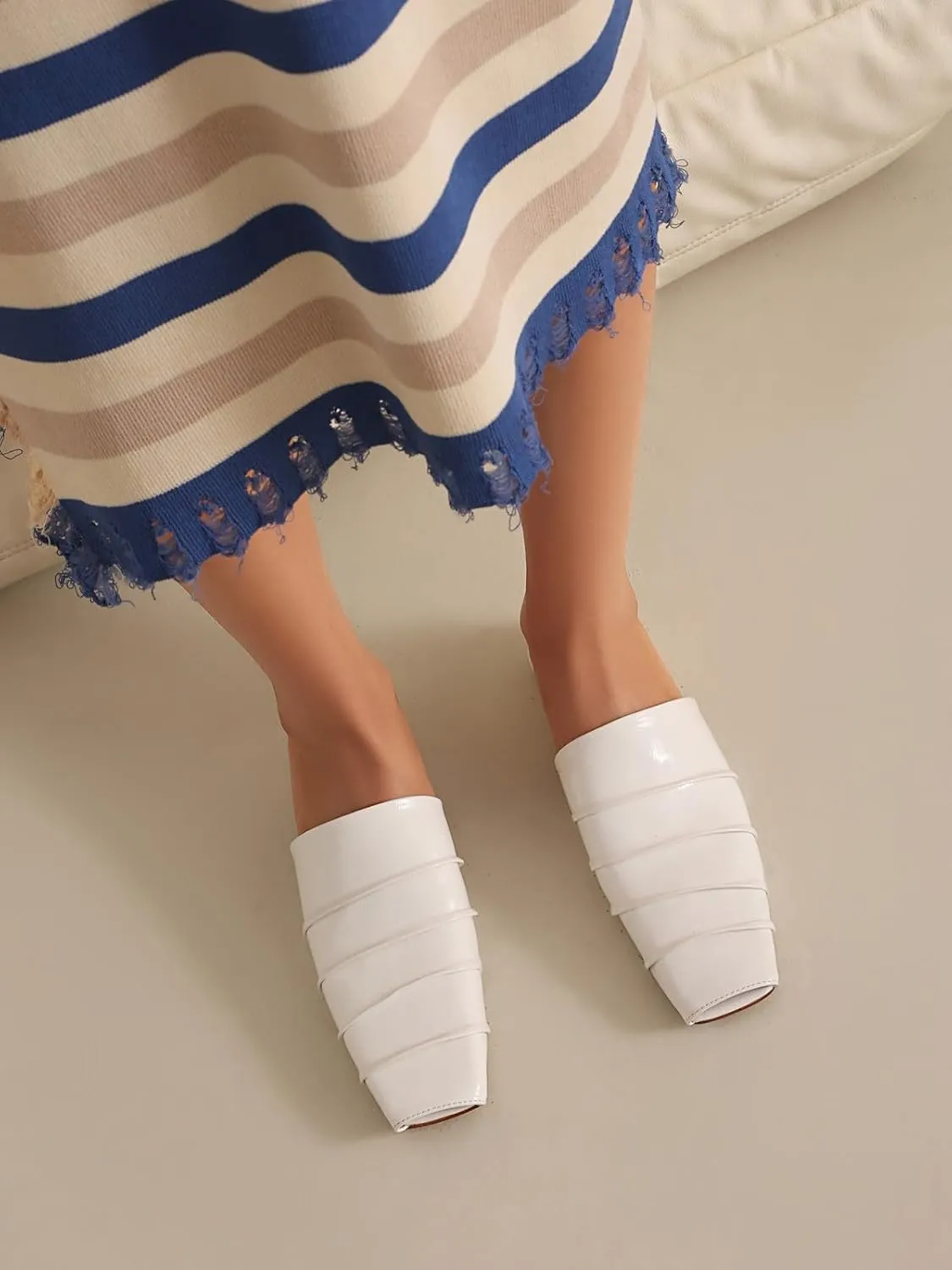 Mules for Women Square Peep Toe Comfortable Casual Backless Slip On Flat Dress Shoes