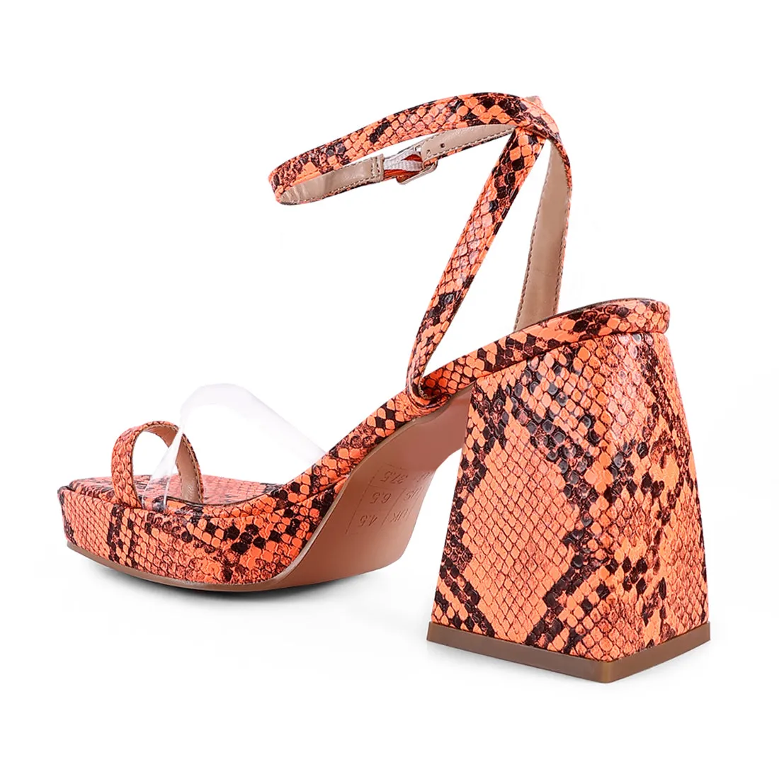 Orange Snake Pattern Block Heeled Sandals