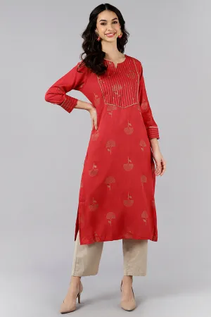 Red Cotton Sequin Embroidered Straight Kurti