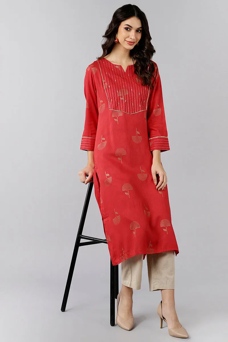 Red Cotton Sequin Embroidered Straight Kurti
