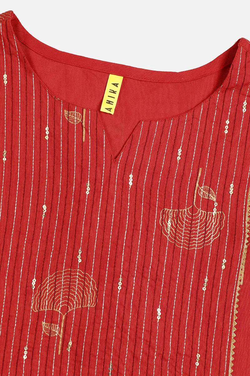 Red Cotton Sequin Embroidered Straight Kurti