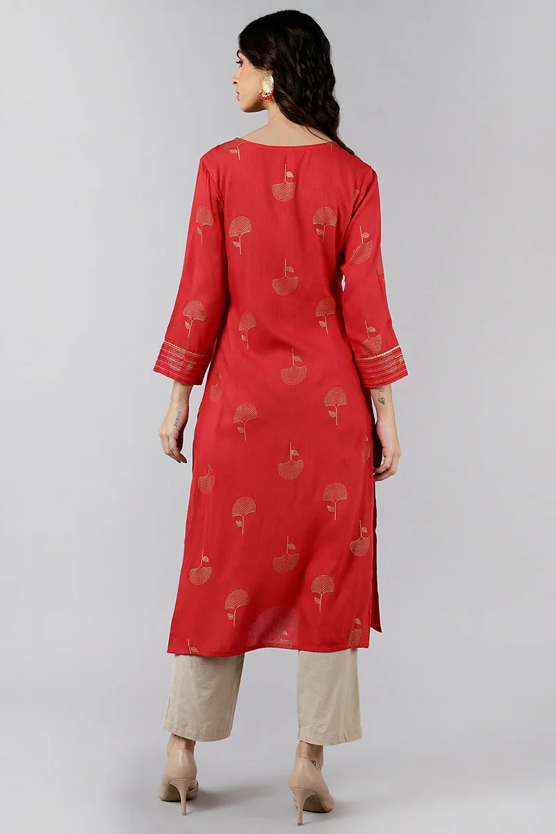 Red Cotton Sequin Embroidered Straight Kurti