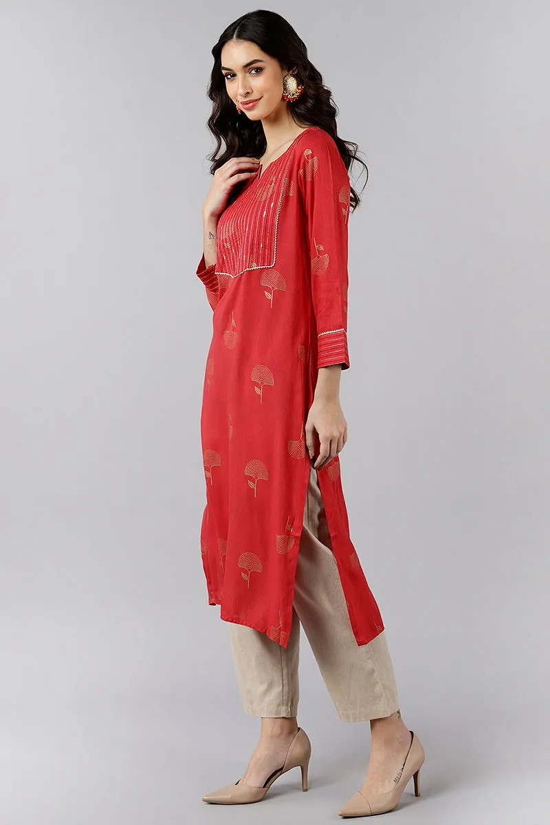 Red Cotton Sequin Embroidered Straight Kurti