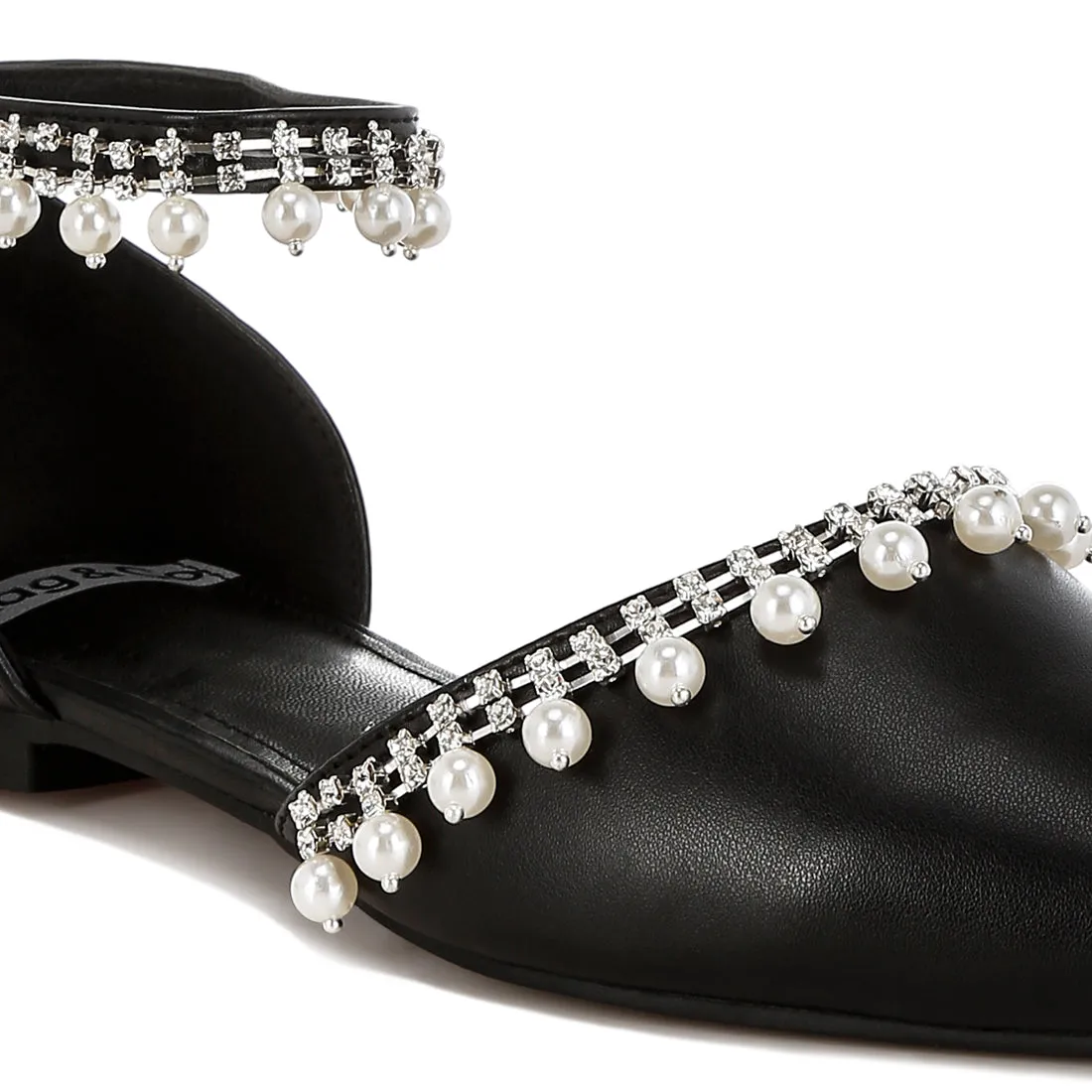 Rhinestone & Pearl Ankle Strap Flat Sandals