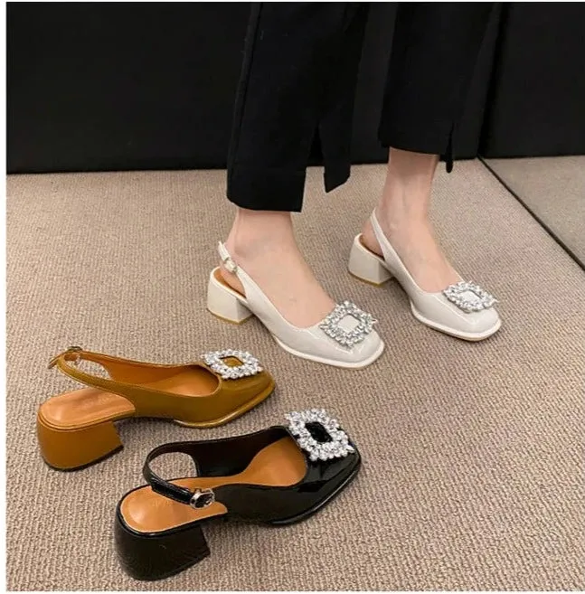 Rhinestone Buckle Chunky Heels