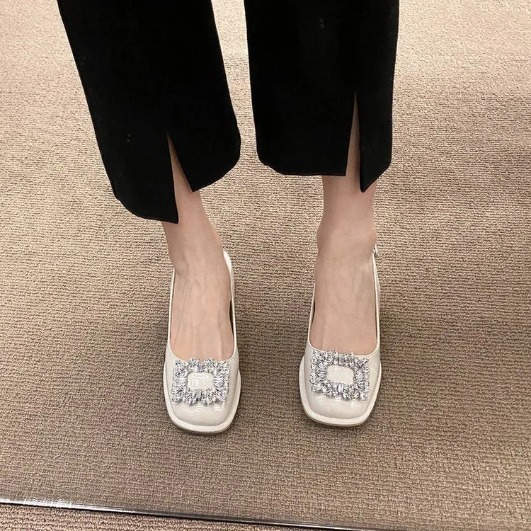 Rhinestone Buckle Chunky Heels