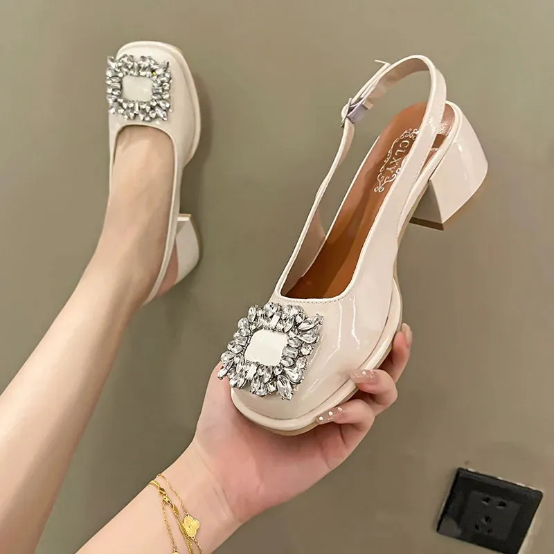 Rhinestone Buckle Chunky Heels