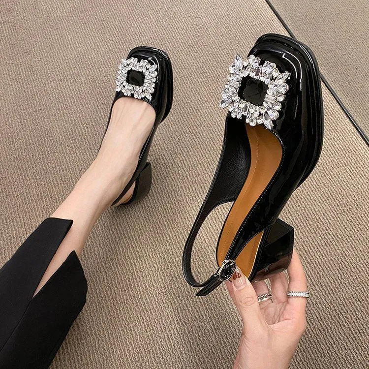 Rhinestone Buckle Chunky Heels