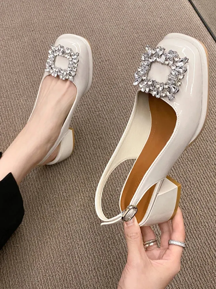 Rhinestone Buckle Chunky Heels