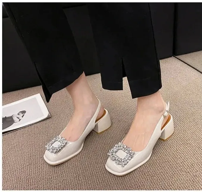 Rhinestone Buckle Chunky Heels