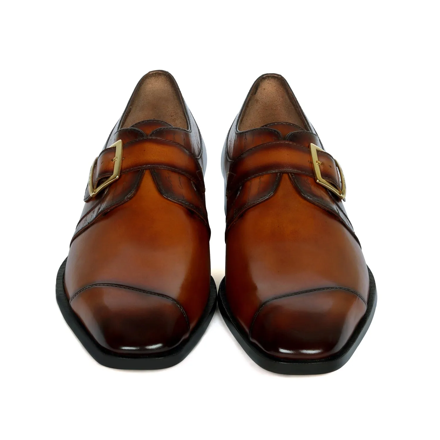 Tan Leather Single Monk Formal Shoes Slant Cap Toe Laser Engraved Top Line By Brune & Bareskin