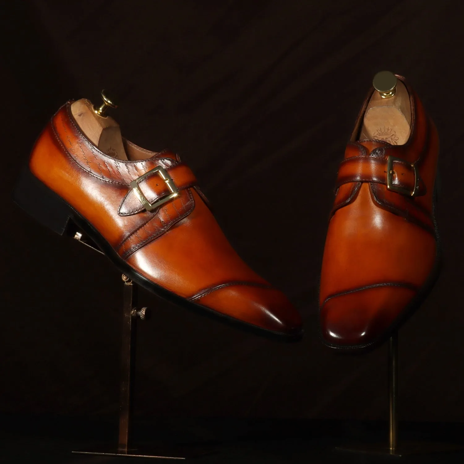 Tan Leather Single Monk Formal Shoes Slant Cap Toe Laser Engraved Top Line By Brune & Bareskin