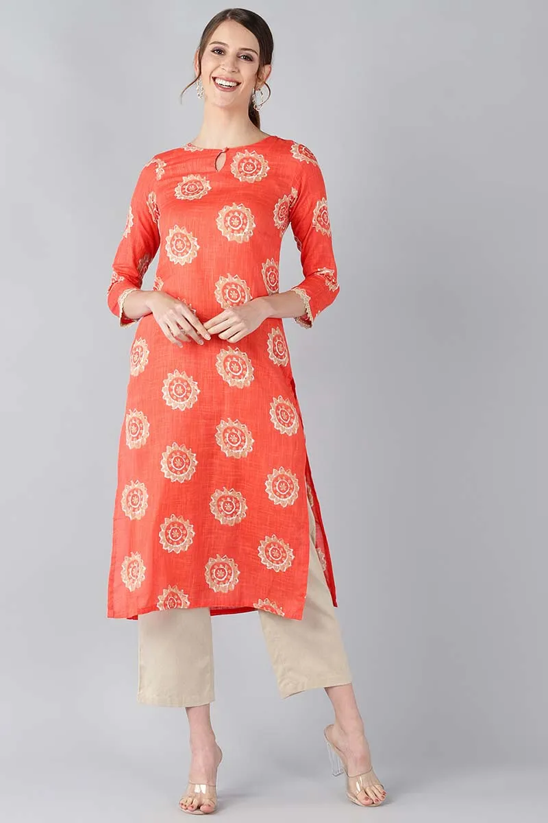 Women Coral Orange & Beige Screen Printed Straight Kurta