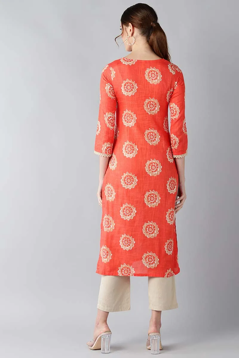 Women Coral Orange & Beige Screen Printed Straight Kurta