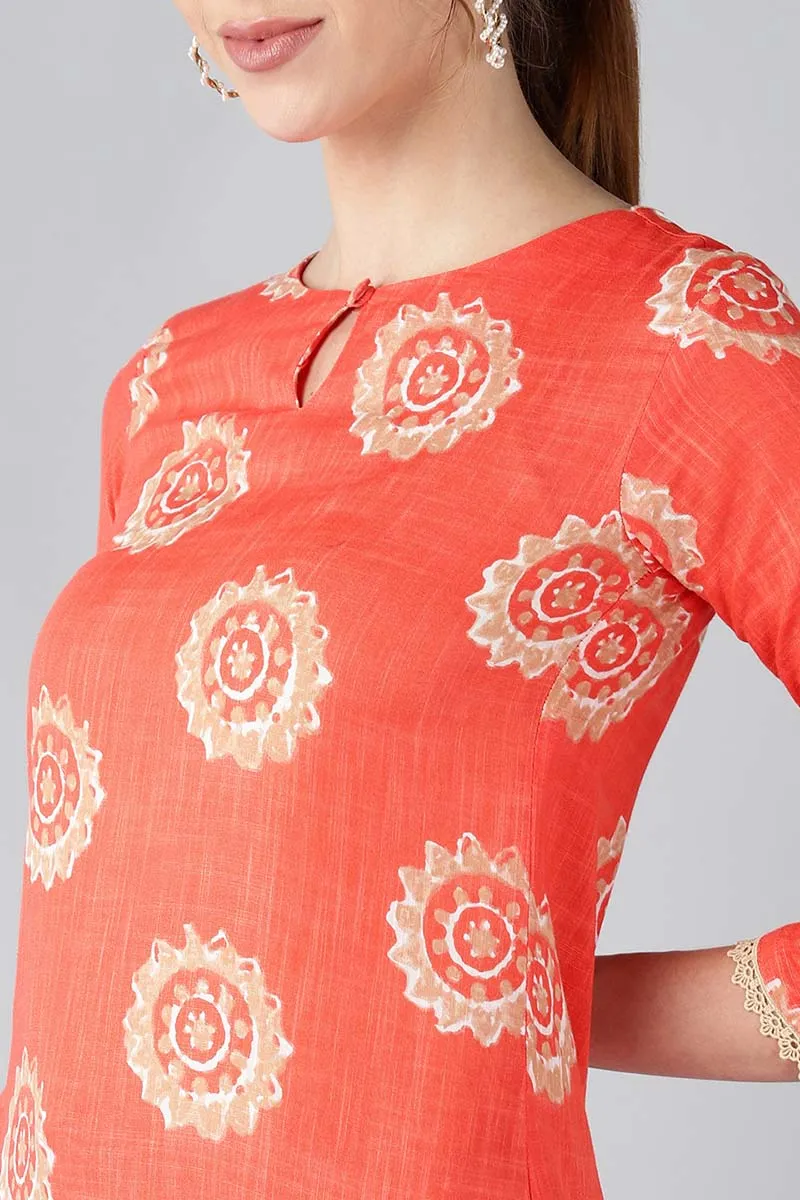 Women Coral Orange & Beige Screen Printed Straight Kurta