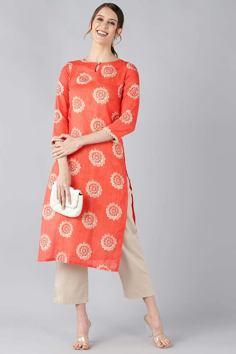 Women Coral Orange & Beige Screen Printed Straight Kurta