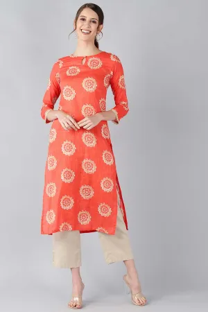 Women Coral Orange & Beige Screen Printed Straight Kurta