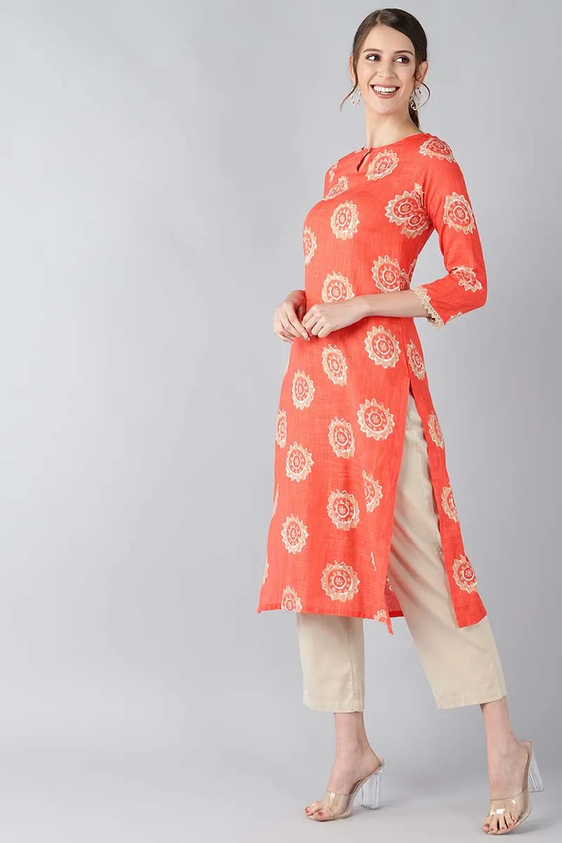 Women Coral Orange & Beige Screen Printed Straight Kurta