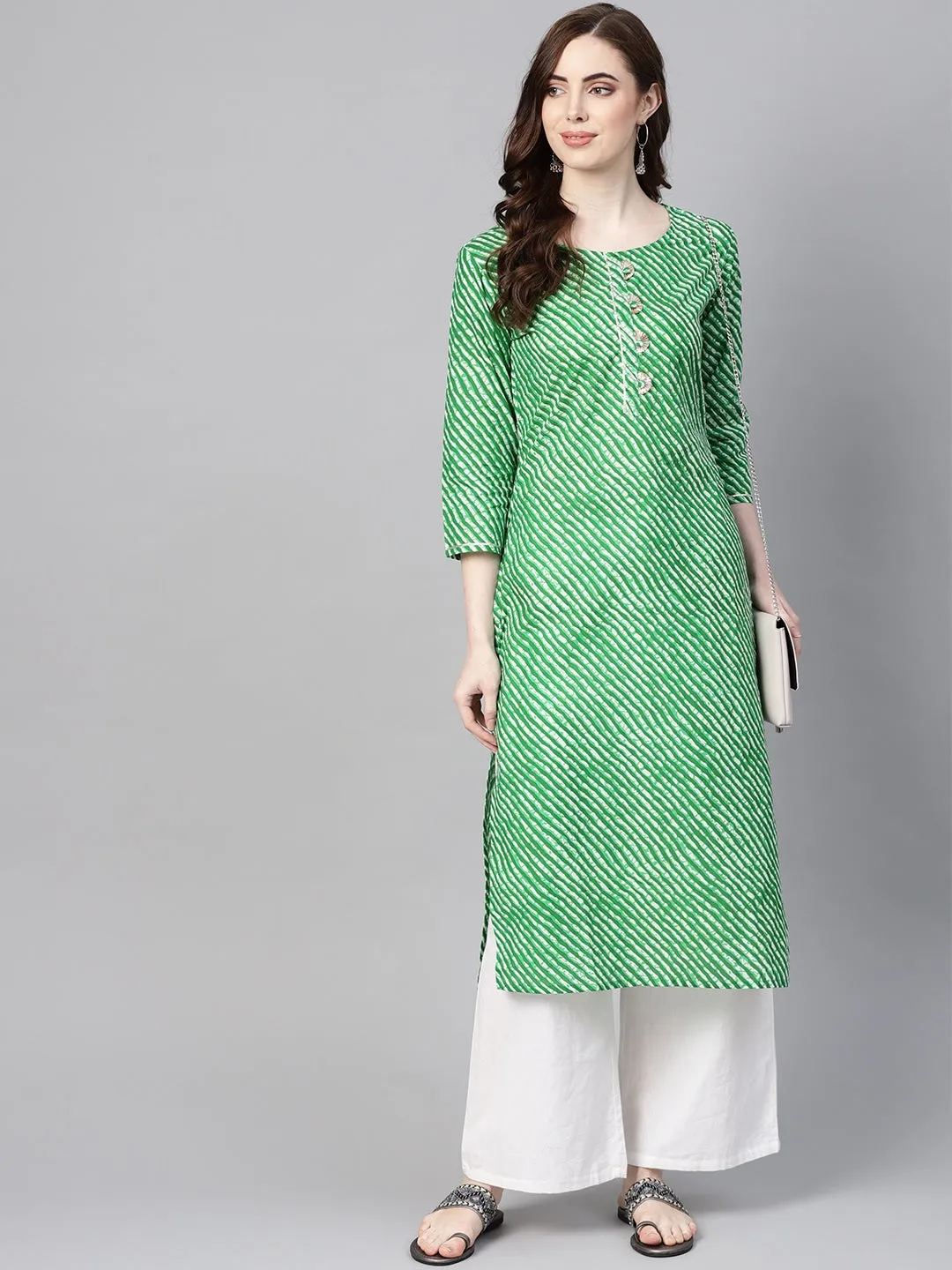 Women Green & Off-White Leheriya Kurta