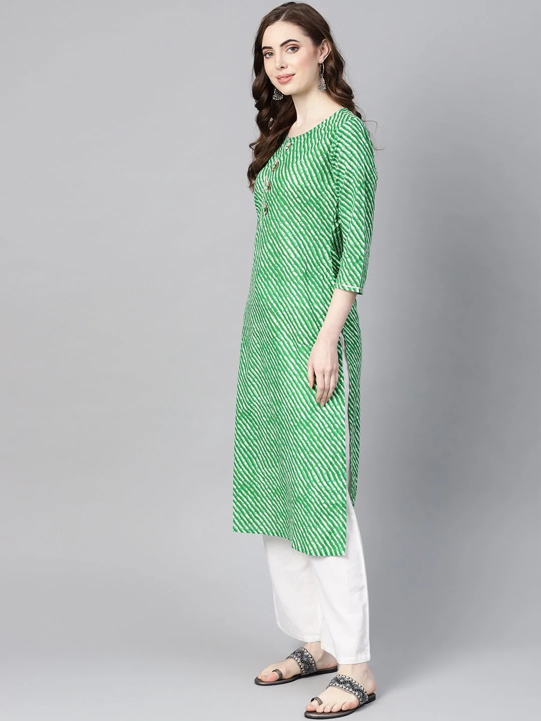 Women Green & Off-White Leheriya Kurta