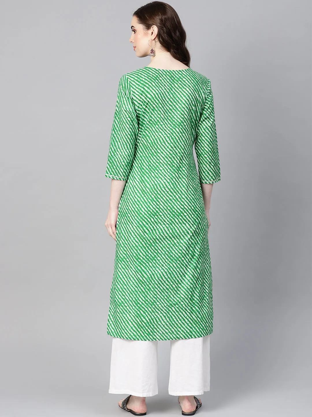 Women Green & Off-White Leheriya Kurta