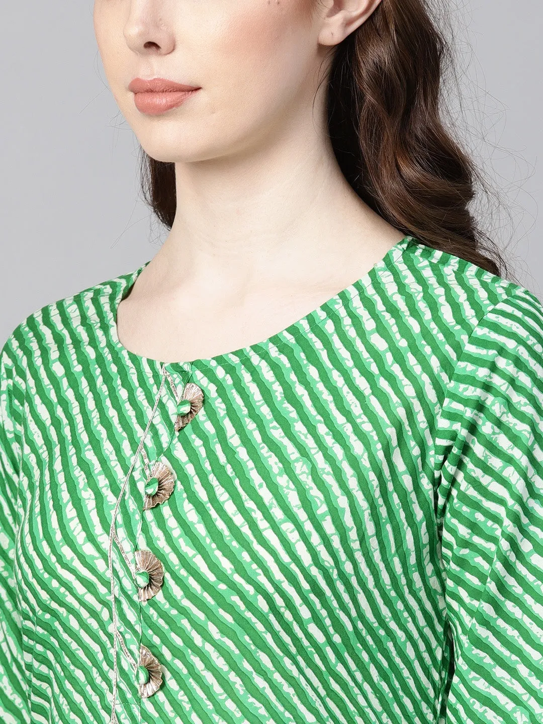 Women Green & Off-White Leheriya Kurta