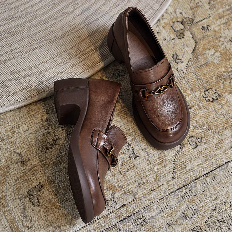 Women Retro Cowhide Chunky Sole Casual Loafers