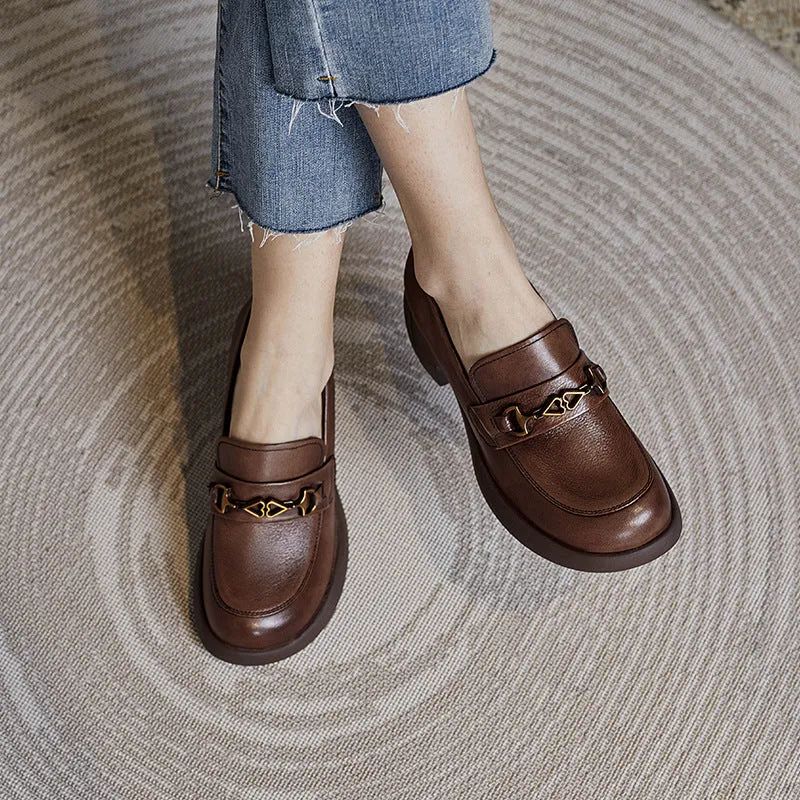 Women Retro Cowhide Chunky Sole Casual Loafers