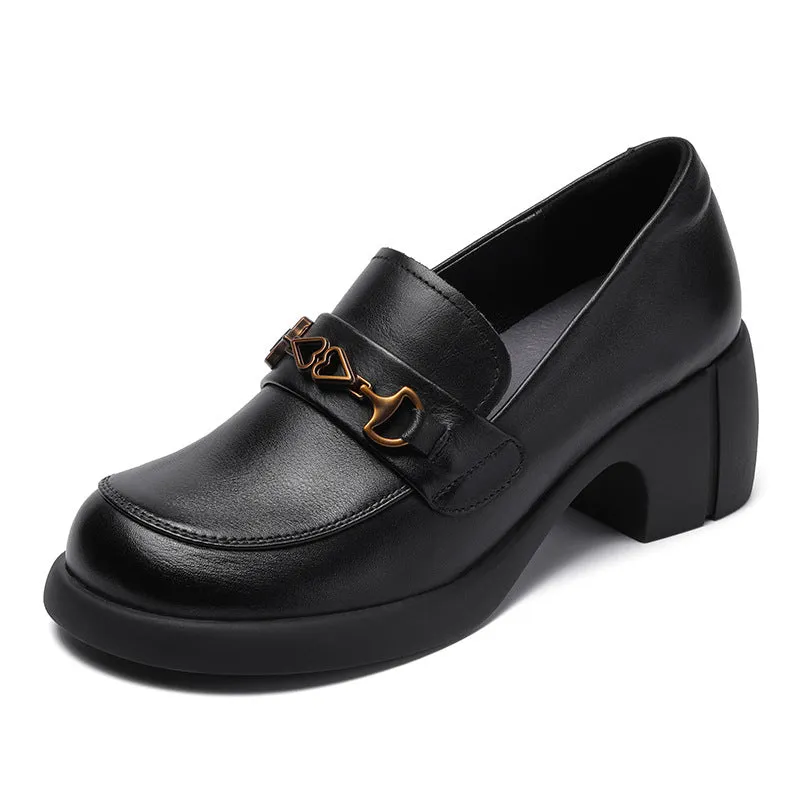 Women Retro Cowhide Chunky Sole Casual Loafers