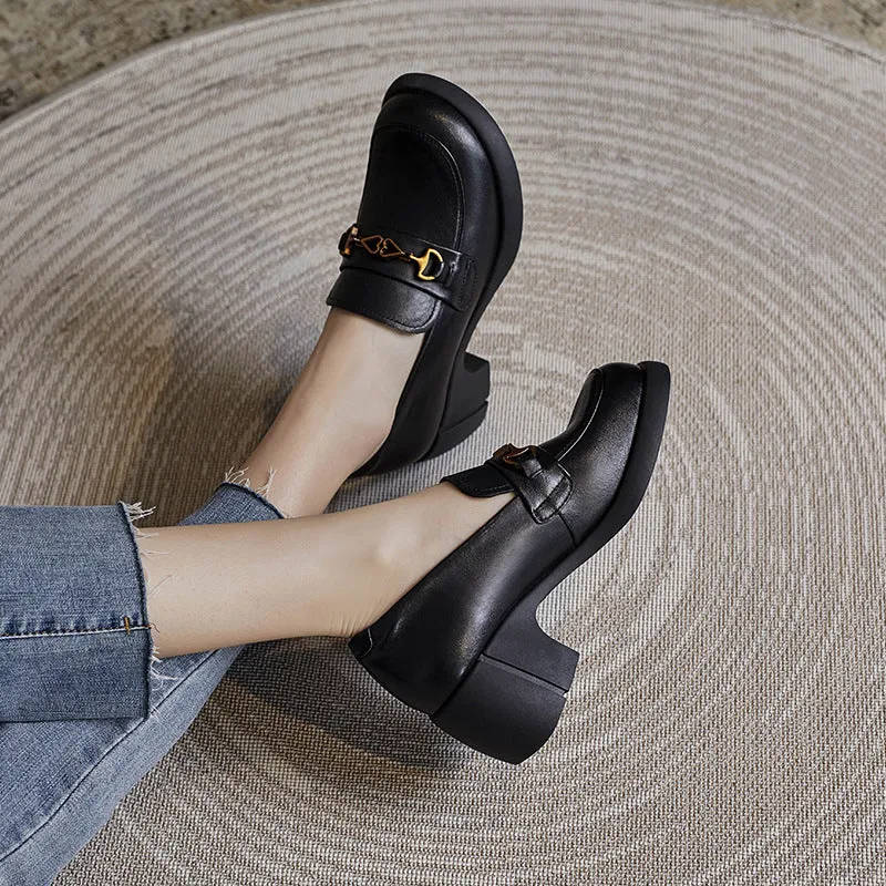 Women Retro Cowhide Chunky Sole Casual Loafers