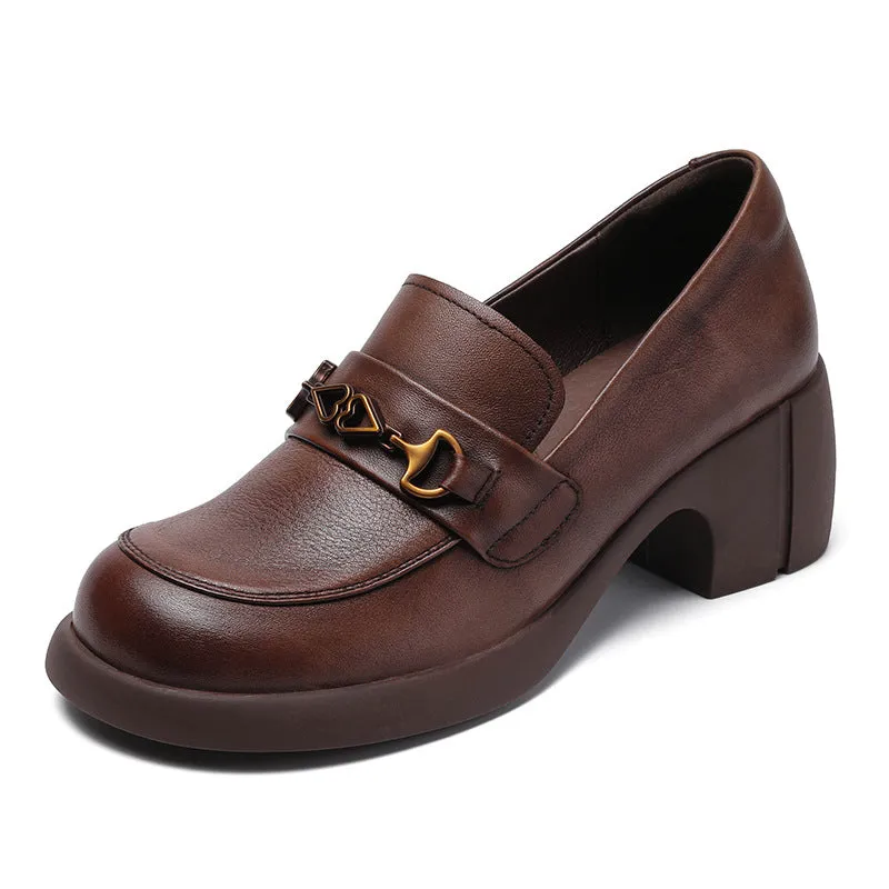 Women Retro Cowhide Chunky Sole Casual Loafers