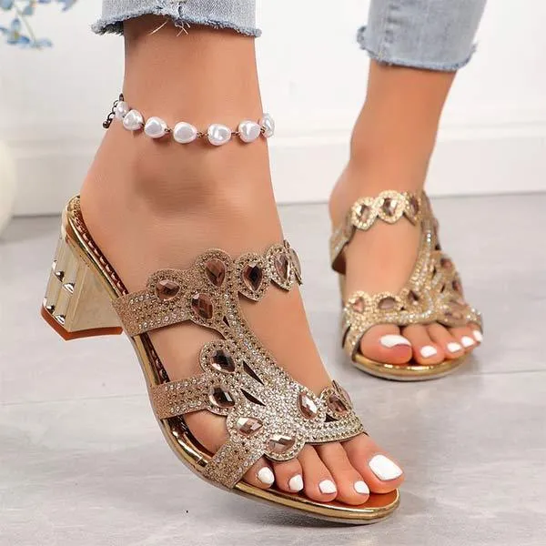 Women's Chunky and Medium Heel Sandals with Rhinestone Cutouts 41798404C