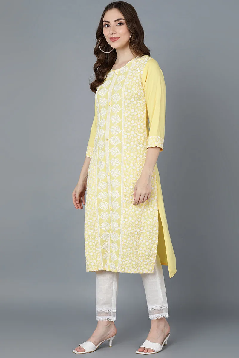 Yellow Poly Silk Thread Embroidered Straight Kurti