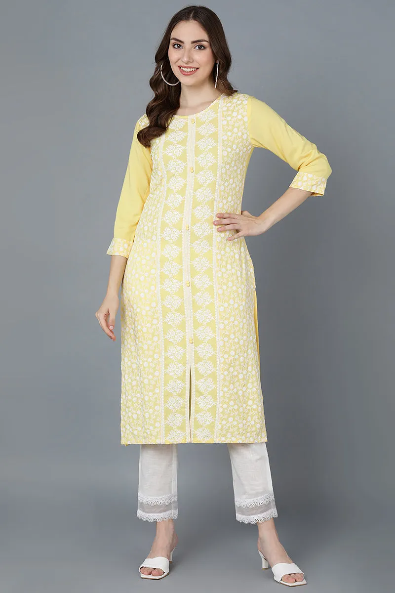 Yellow Poly Silk Thread Embroidered Straight Kurti