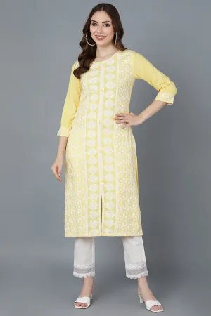 Yellow Poly Silk Thread Embroidered Straight Kurti