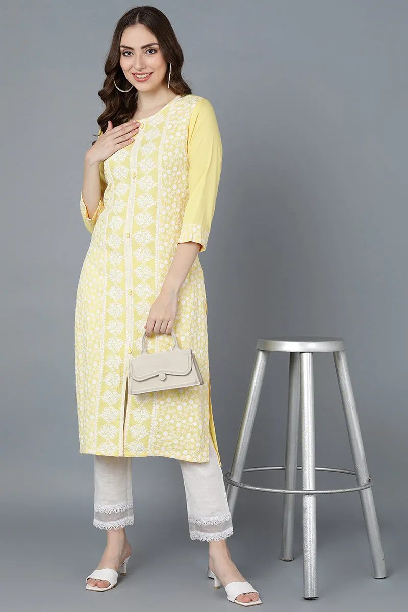 Yellow Poly Silk Thread Embroidered Straight Kurti