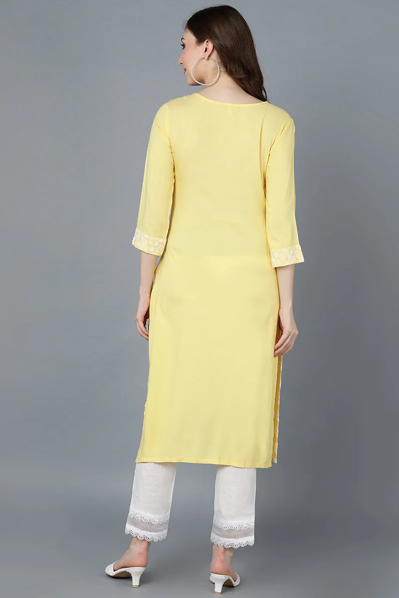 Yellow Poly Silk Thread Embroidered Straight Kurti