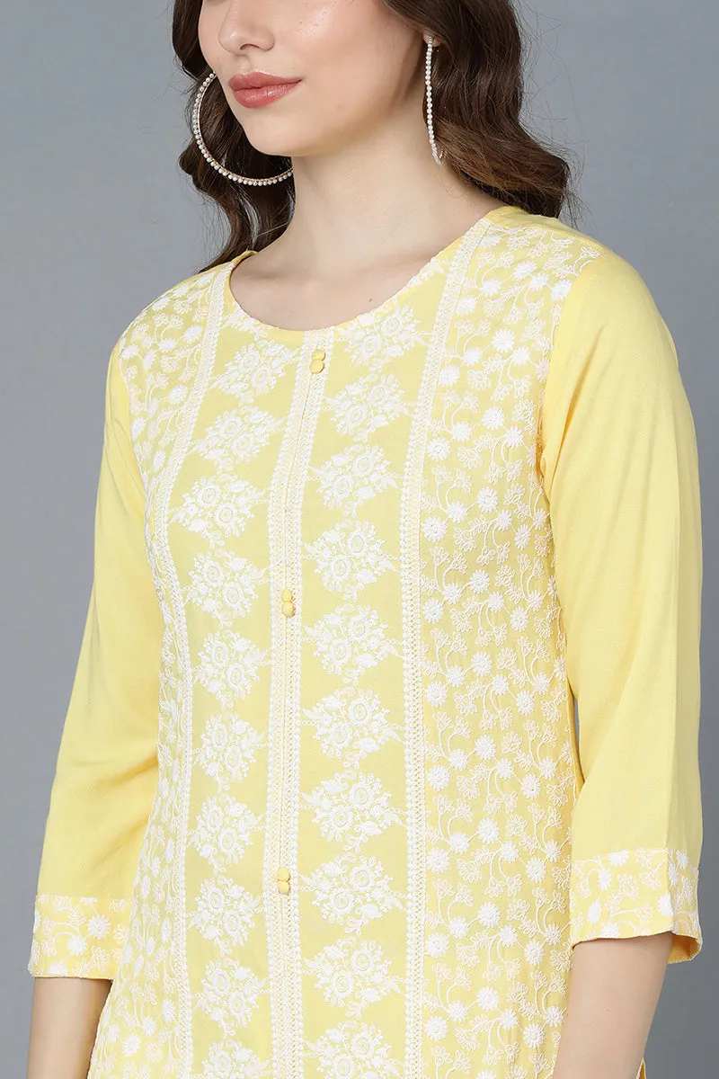 Yellow Poly Silk Thread Embroidered Straight Kurti
